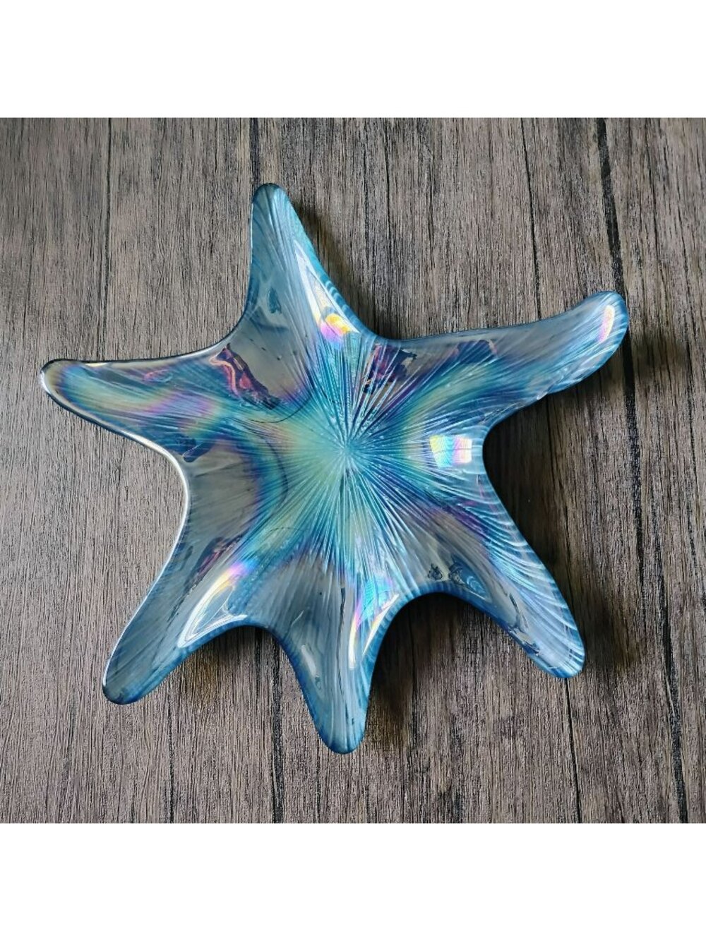 Akcam Iridescent Turkish Art Glass Starfish Platter Tray 12" Blue Coastal Decor